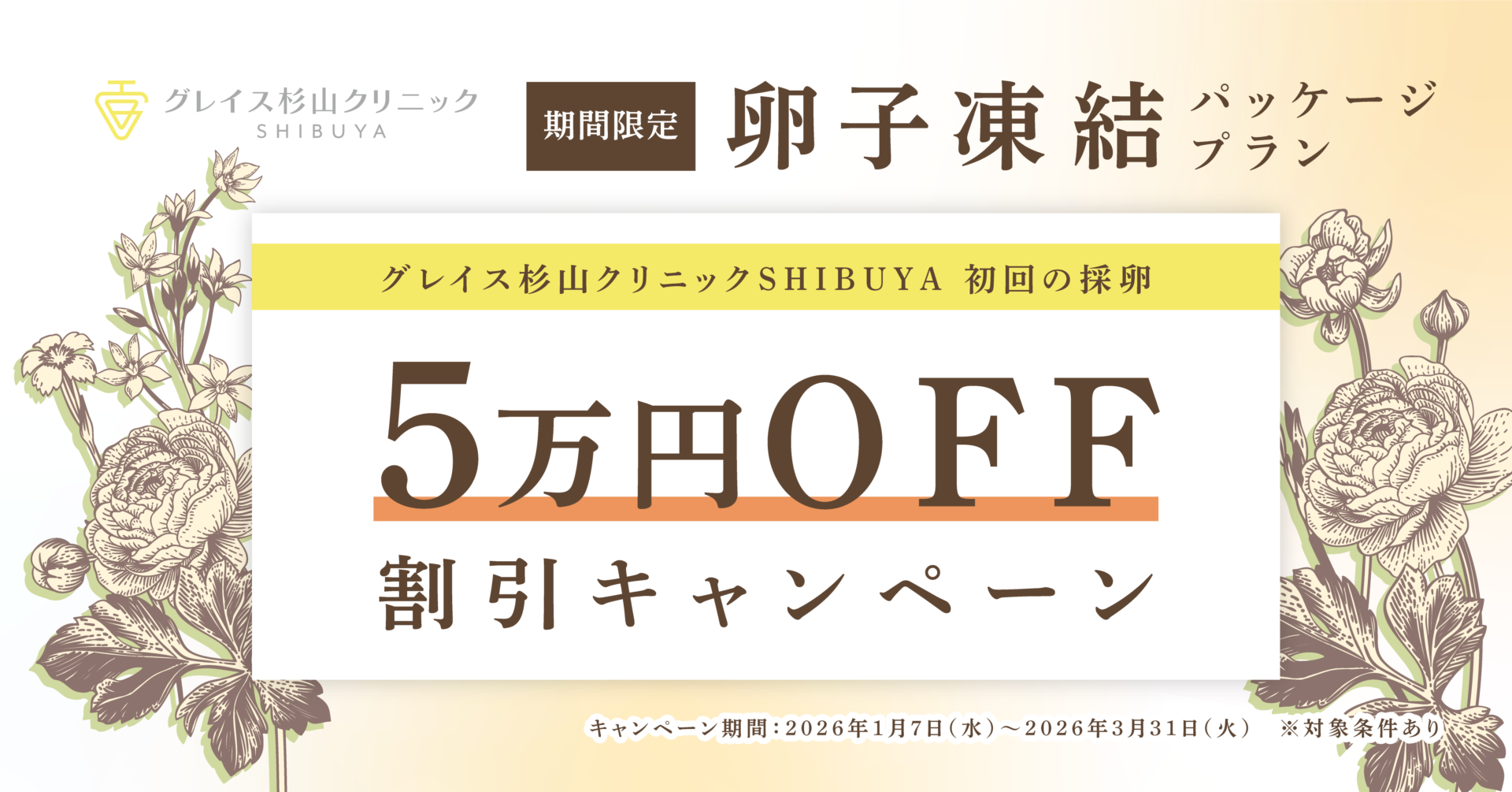 グレイス杉山クリニックSHIBUYA 卵子凍結パッケージプラン5万円割引 